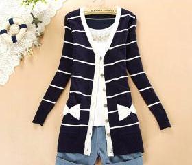 2013 SPRING KOREAN STYLE STRIPE BOW POCKET LONG SLEEVE CARDIGAN 29