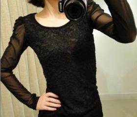 BLACK BUBBLE SLEEVE SLIM BUTTERFLY NET YARN LACE LONG SLEEVE SHIRT 45