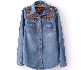 TRIBAL PRINT VINTAGE BLUE DENIM SHIRT 47