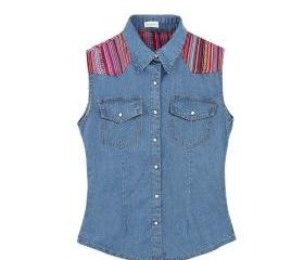 VERTICAL STRIPES PATCH STITCHING SLIM TRIBAL PATTERN SLEEVELESS SHIRT 110