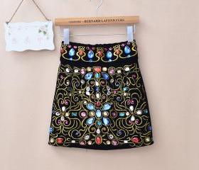 EMBROIDERY INLAID COLORED RHINESTONE HIGH WAIST SKIRT 142