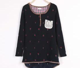 LACE EMBROIDERY CHERRY SMALL POCKETS AND FLEECE THICK SWEATSHIRT 144