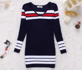 STRIPED KNIT V NECK LONG SLEEVE SWEATER DRESS [170]