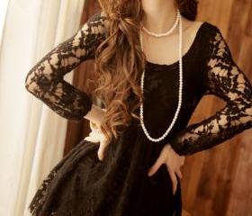 PRINCESS WAIST FLORAL PUFF SLEEVE BLACK LACE DRESS [174]
