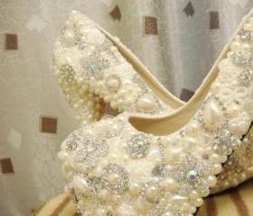 CINDERELLAS WISH CRYSTAL, GLASS AND PEARL COVERED HIGH HEELS. WEDDING BESPOKE CUSTOM [183]