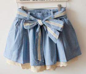 BLUE LACE BOW HIGH WAIST SKIRTS ELASTIC WAIST [194]