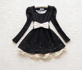 BOW BELT PRINCESS LACE BEAD DRESS LONG SLEEVE [208]